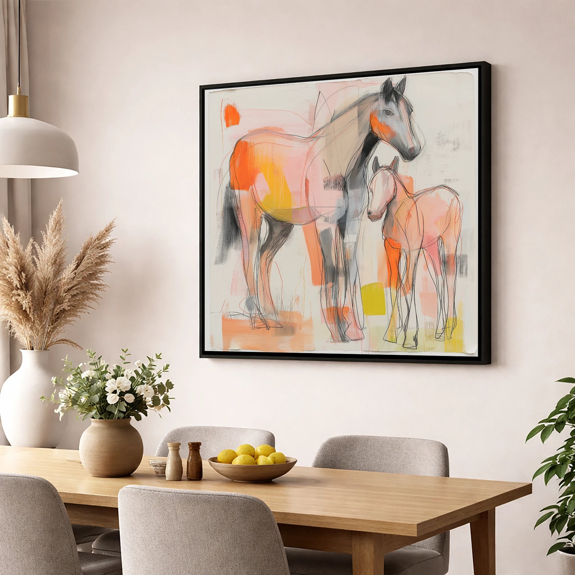 Radiant Beginnings mare & foal wall art displayed in a dining room