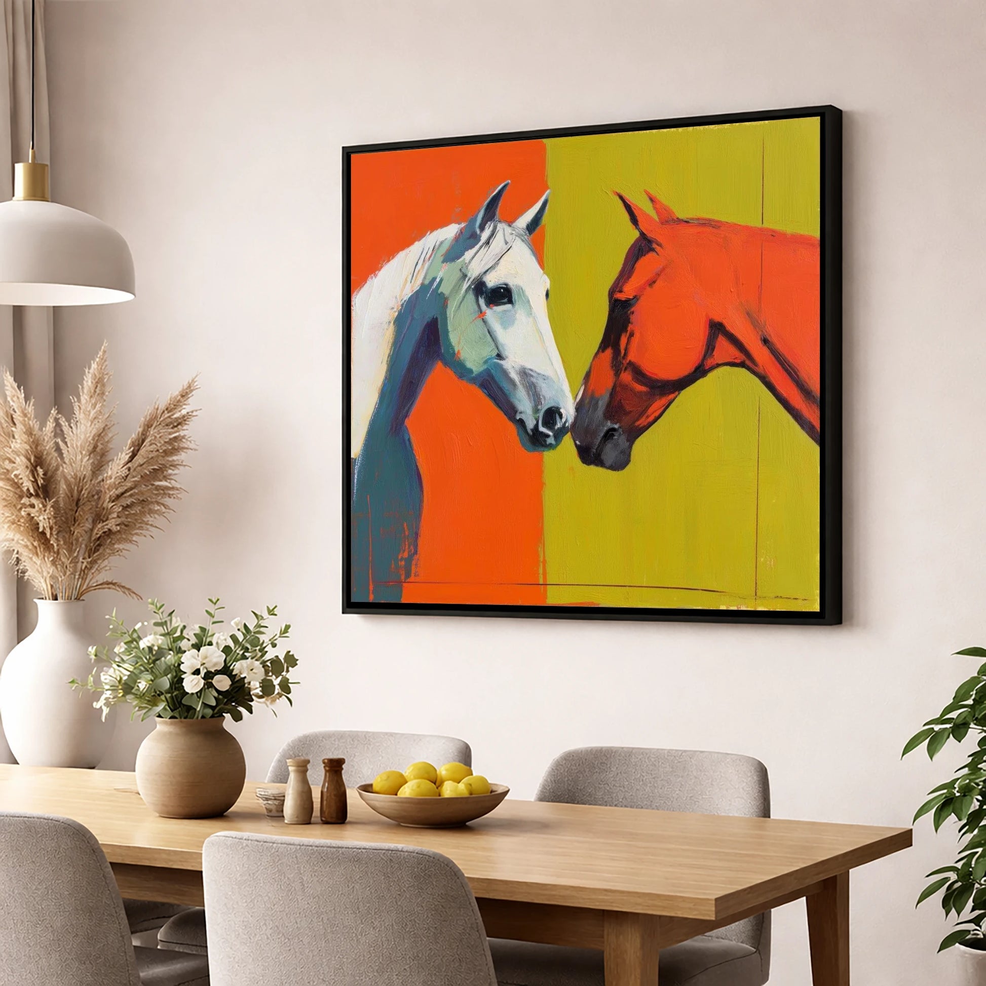 Vibrant Connection horse portrait wall art displayed in a dining room