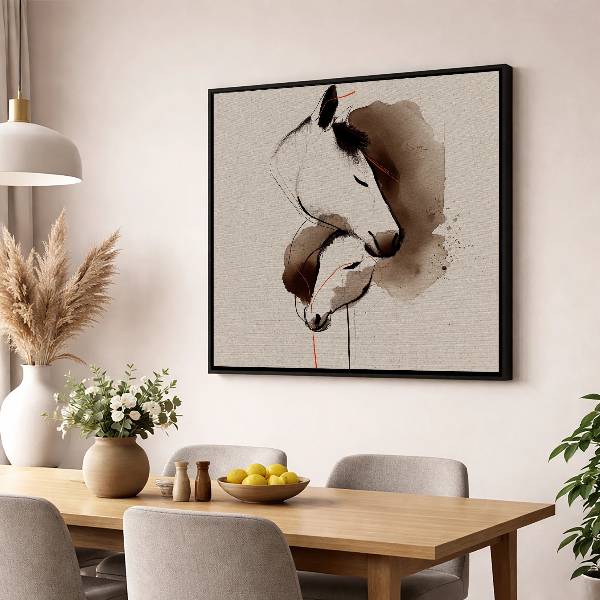 Tender Sepia Bond mare & foal wall art displayed in a dining room