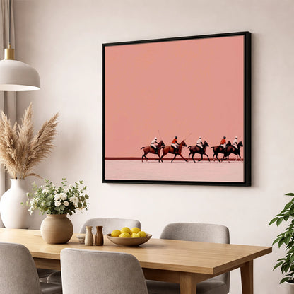 Dusty Rose Chukka polo horse wall art displayed in a dining room