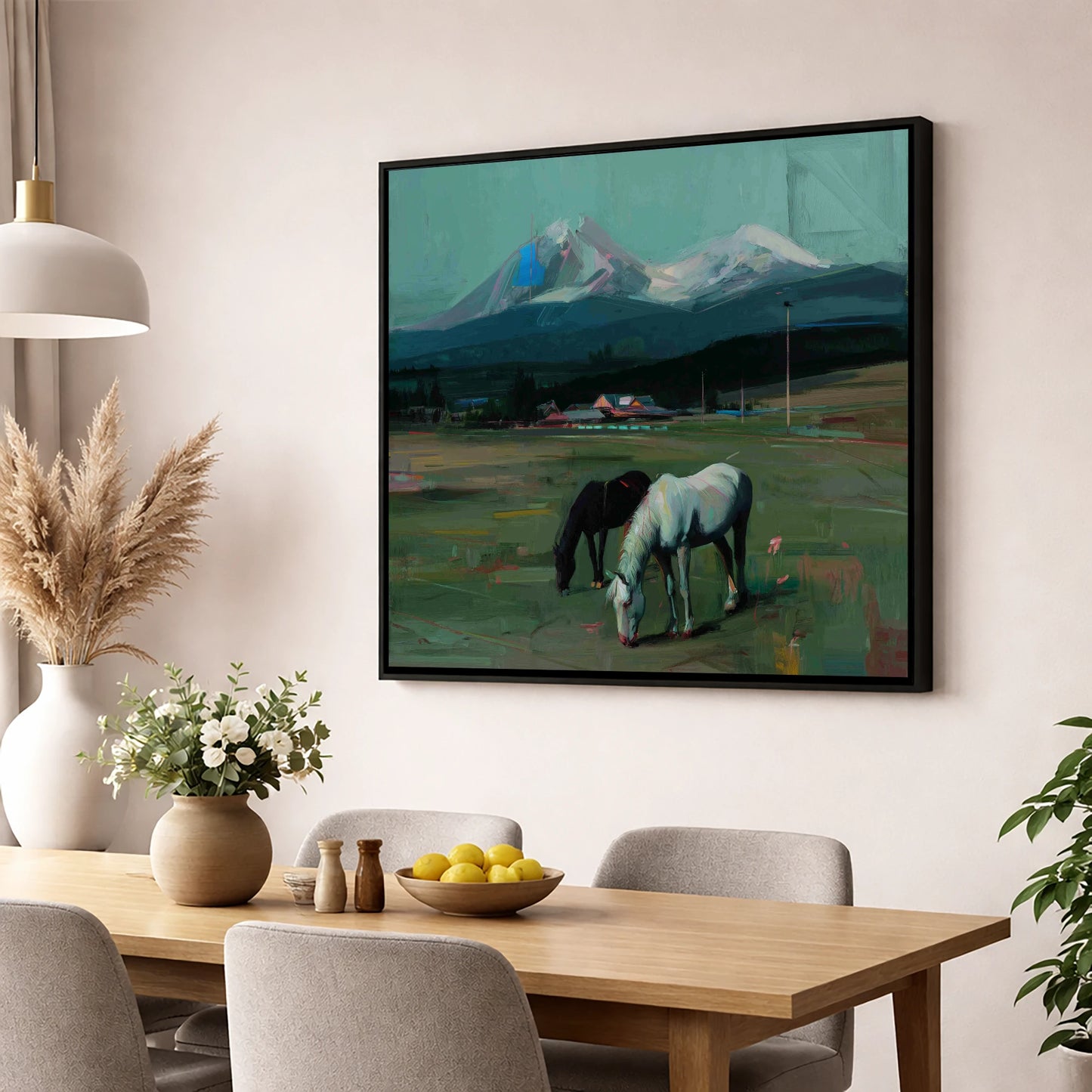 Companions Beneath the Peak horse landscape wall art displayed in a dining room