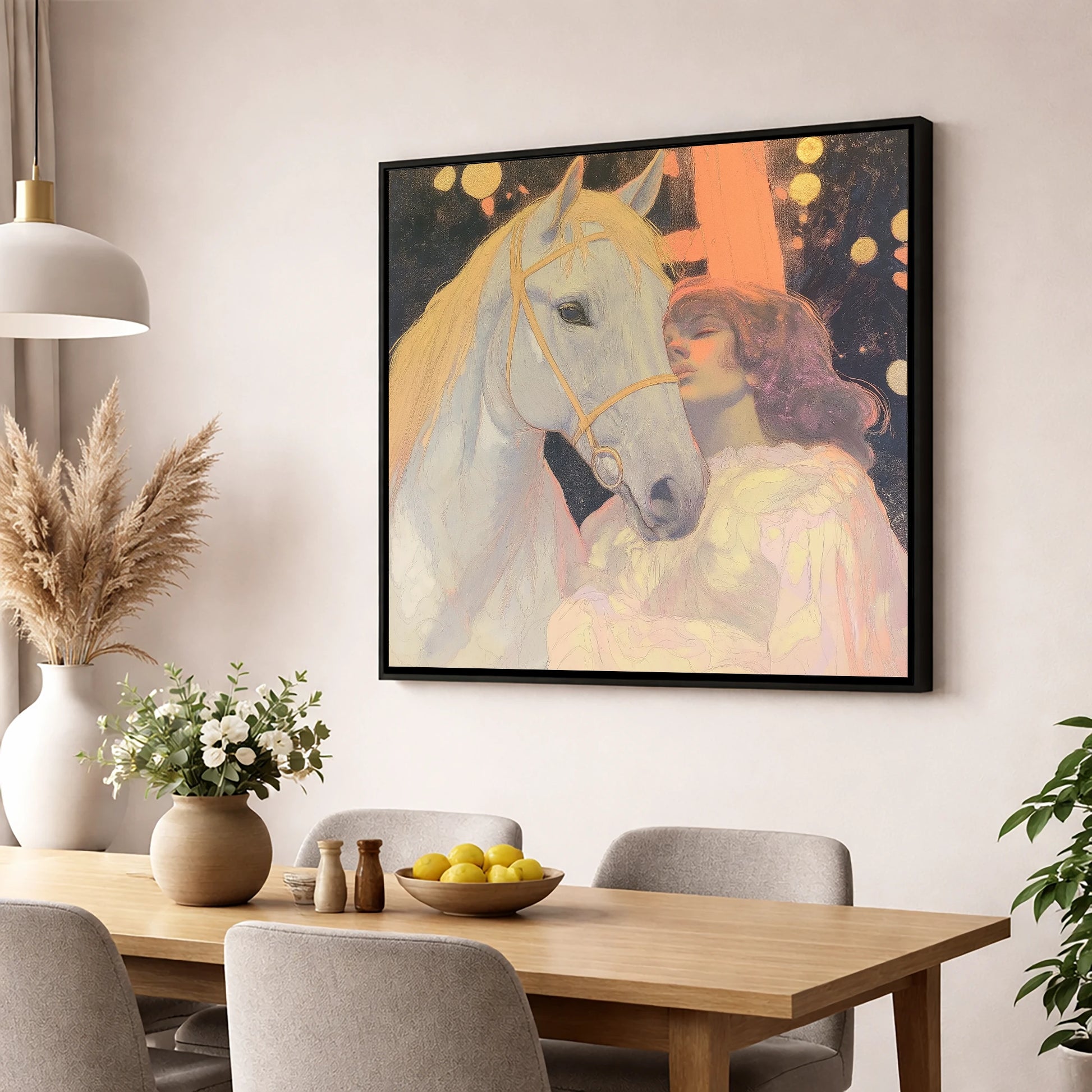 Starlit Bond horse & rider wall art displayed in a dining room