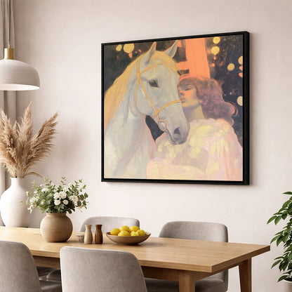 Starlit Bond horse & rider wall art displayed in a dining room