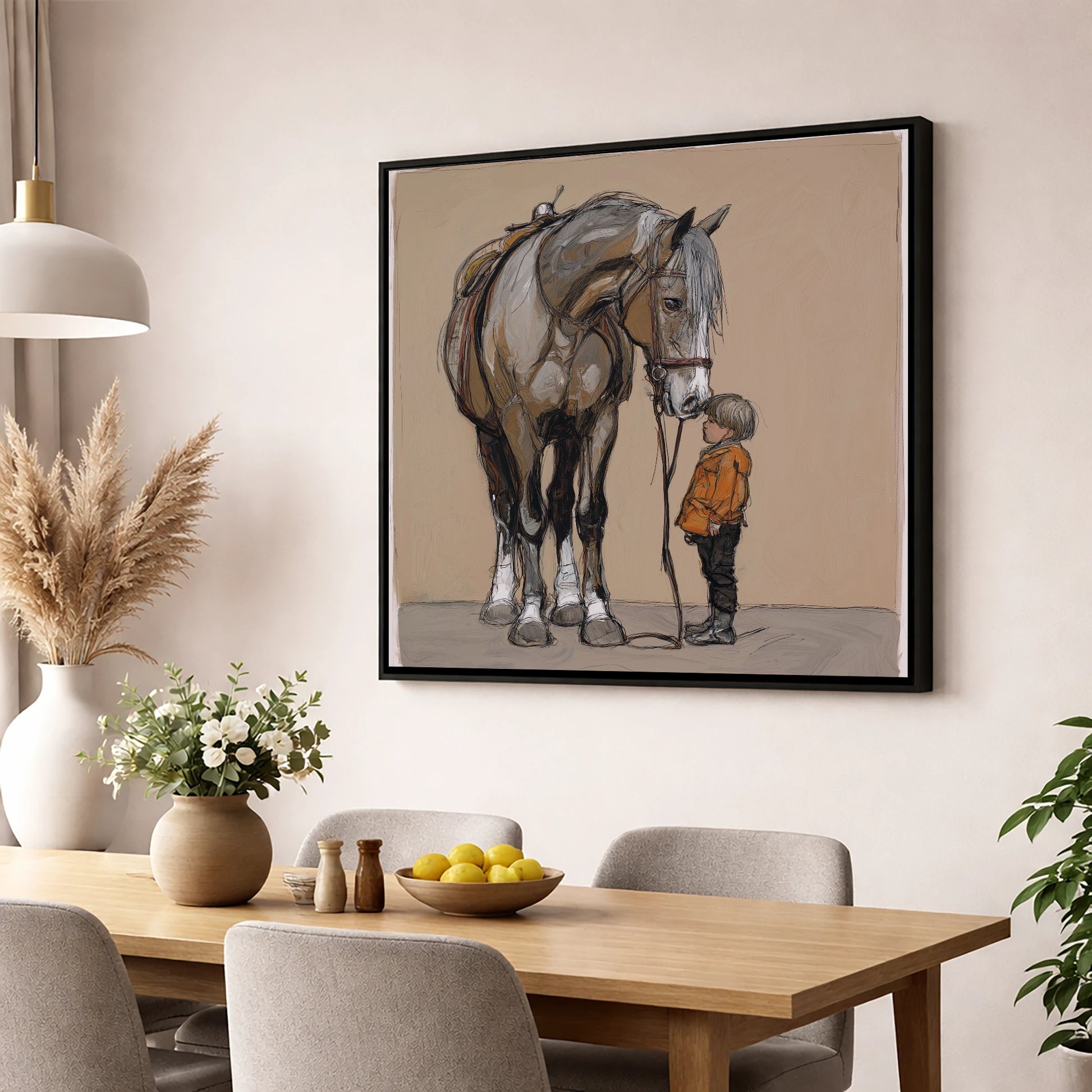 The Gentle Giant horse & rider wall art displayed in a dining room