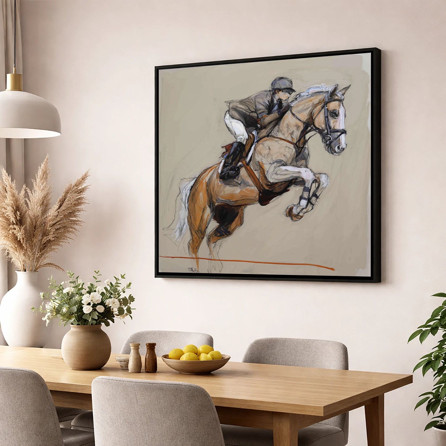 Moment of Flight show jumping horse wall art displayed in a dining room