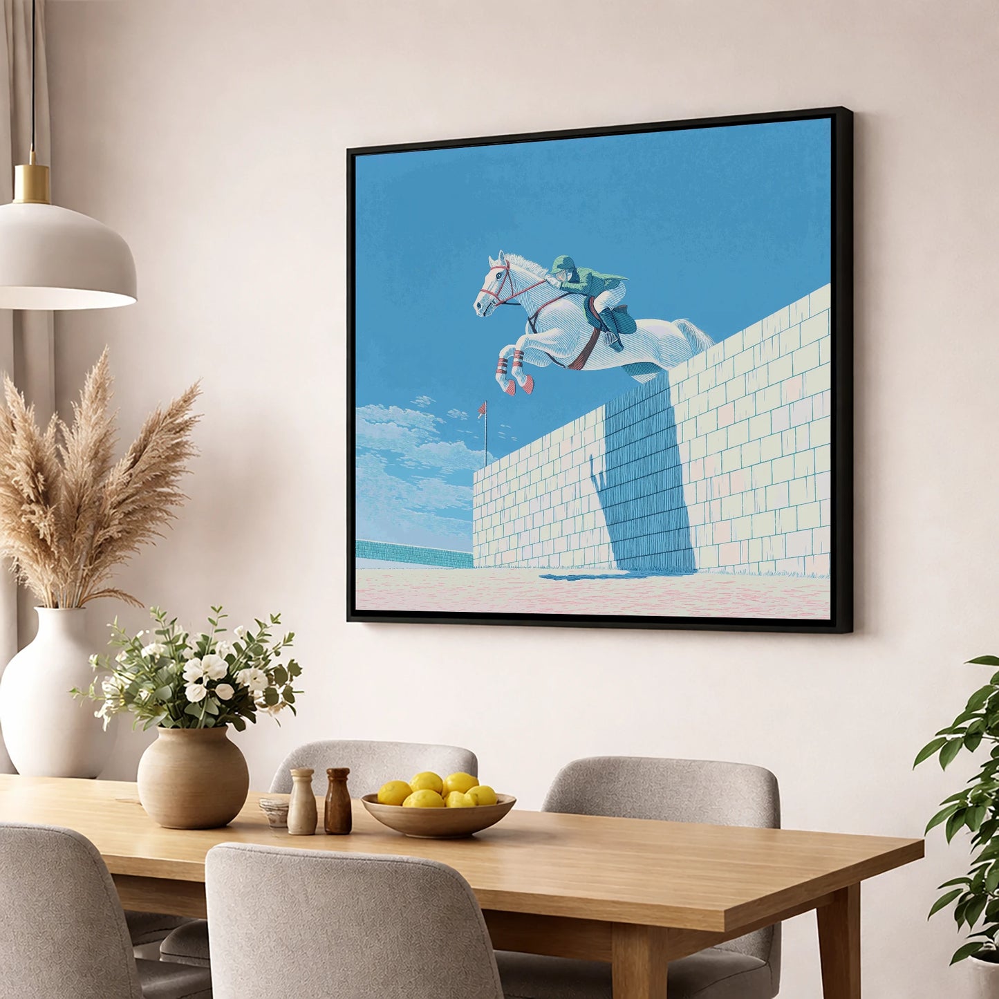 Clearance at the Wall show jumping horse wall art displayed in a dining room