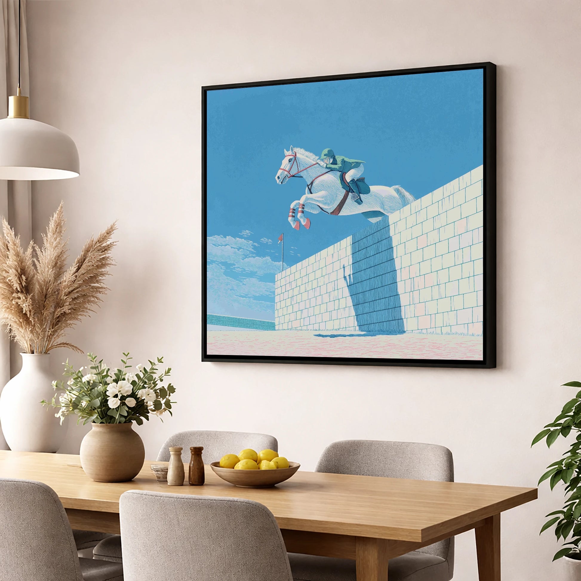 Clearance at the Wall show jumping horse wall art displayed in a dining room