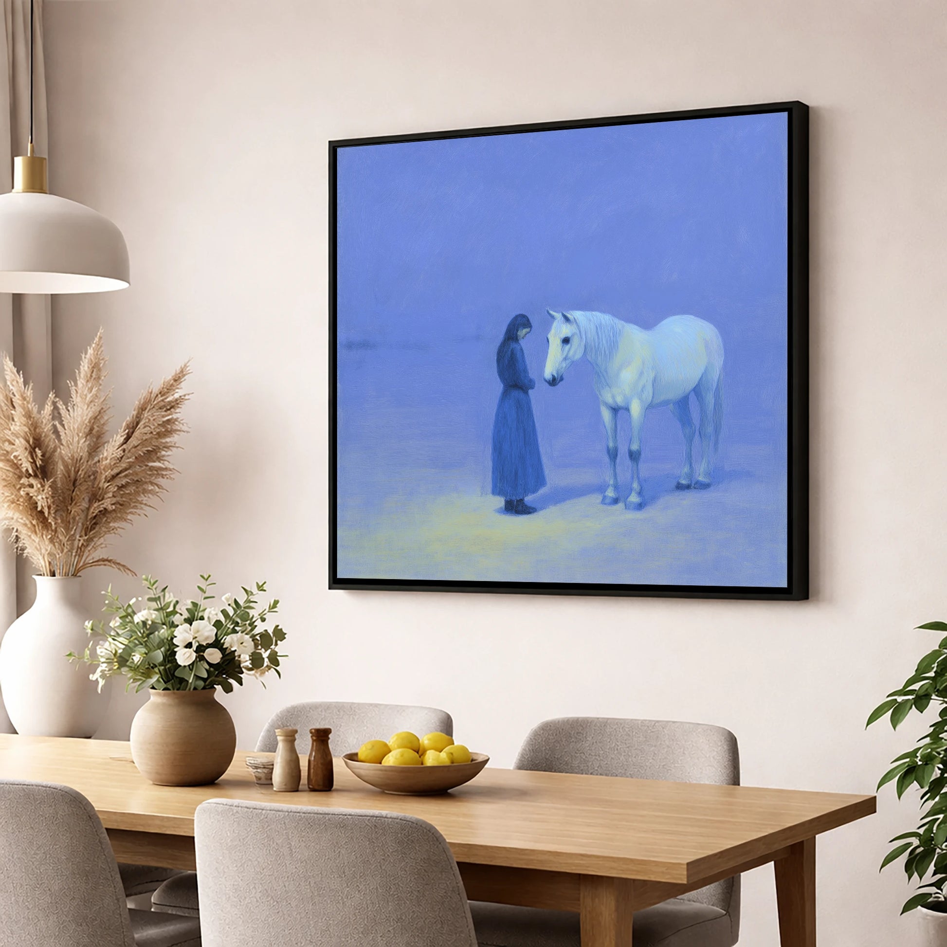 The Quiet Hour horse & rider wall art displayed in a dining room