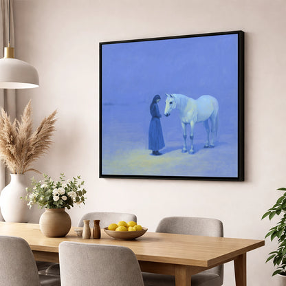 The Quiet Hour horse & rider wall art displayed in a dining room