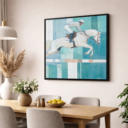 Aquamarine Ascent show jumping horse wall art displayed in a dining room