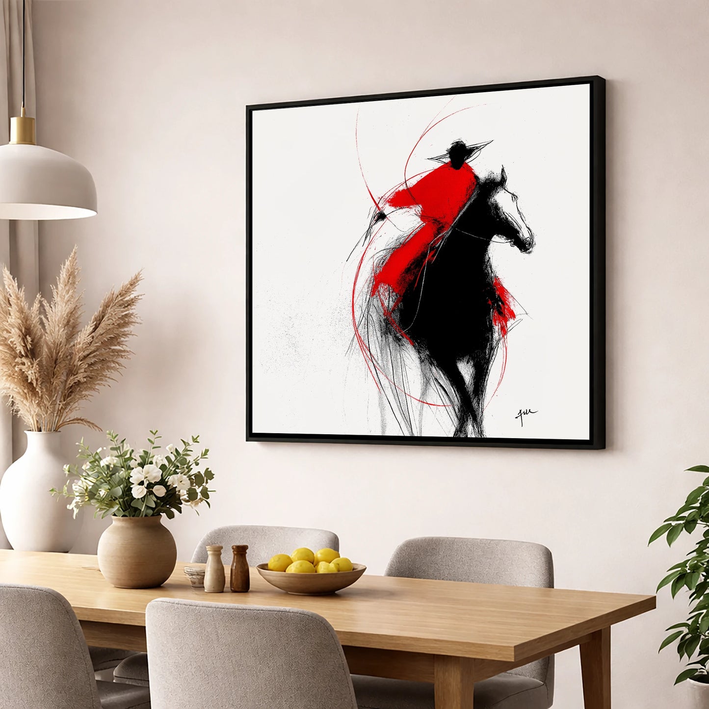 Crimson Surge racing horse wall art displayed in a dining room