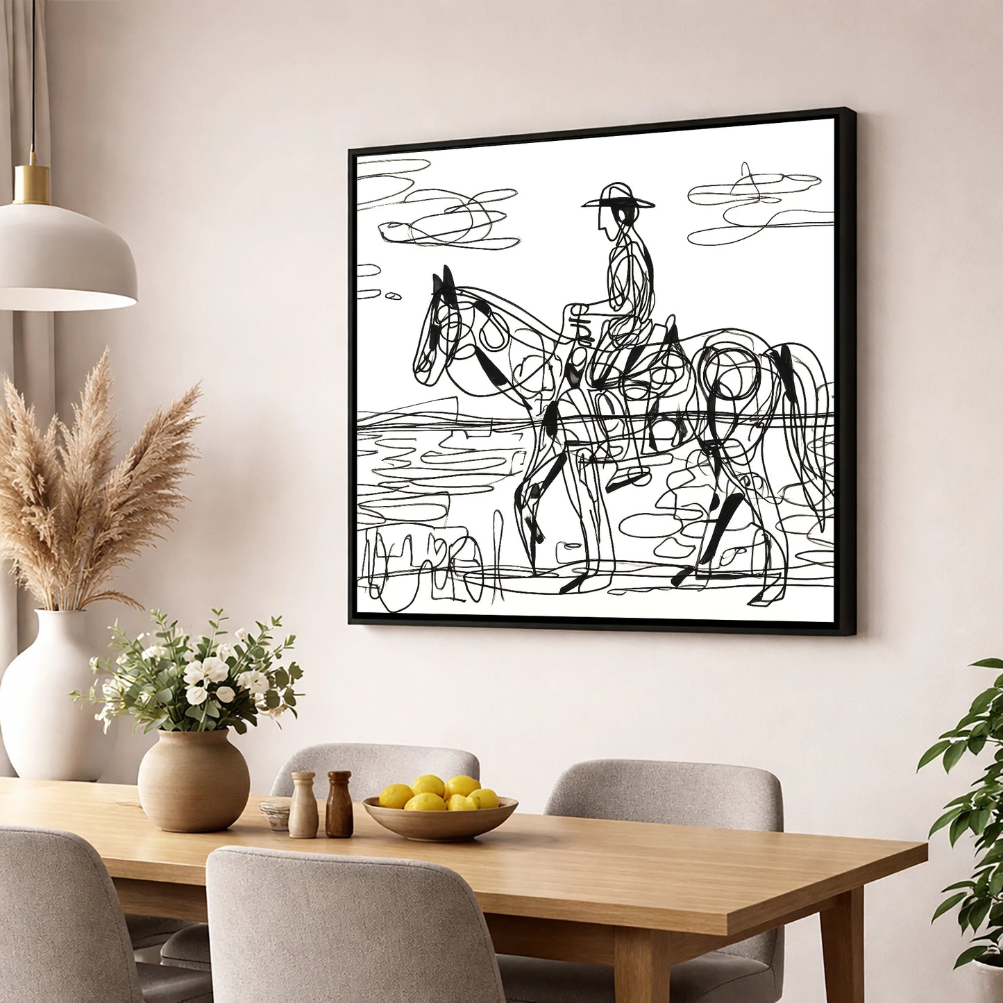 Linear Beach Ride beach horse wall art displayed in a dining room