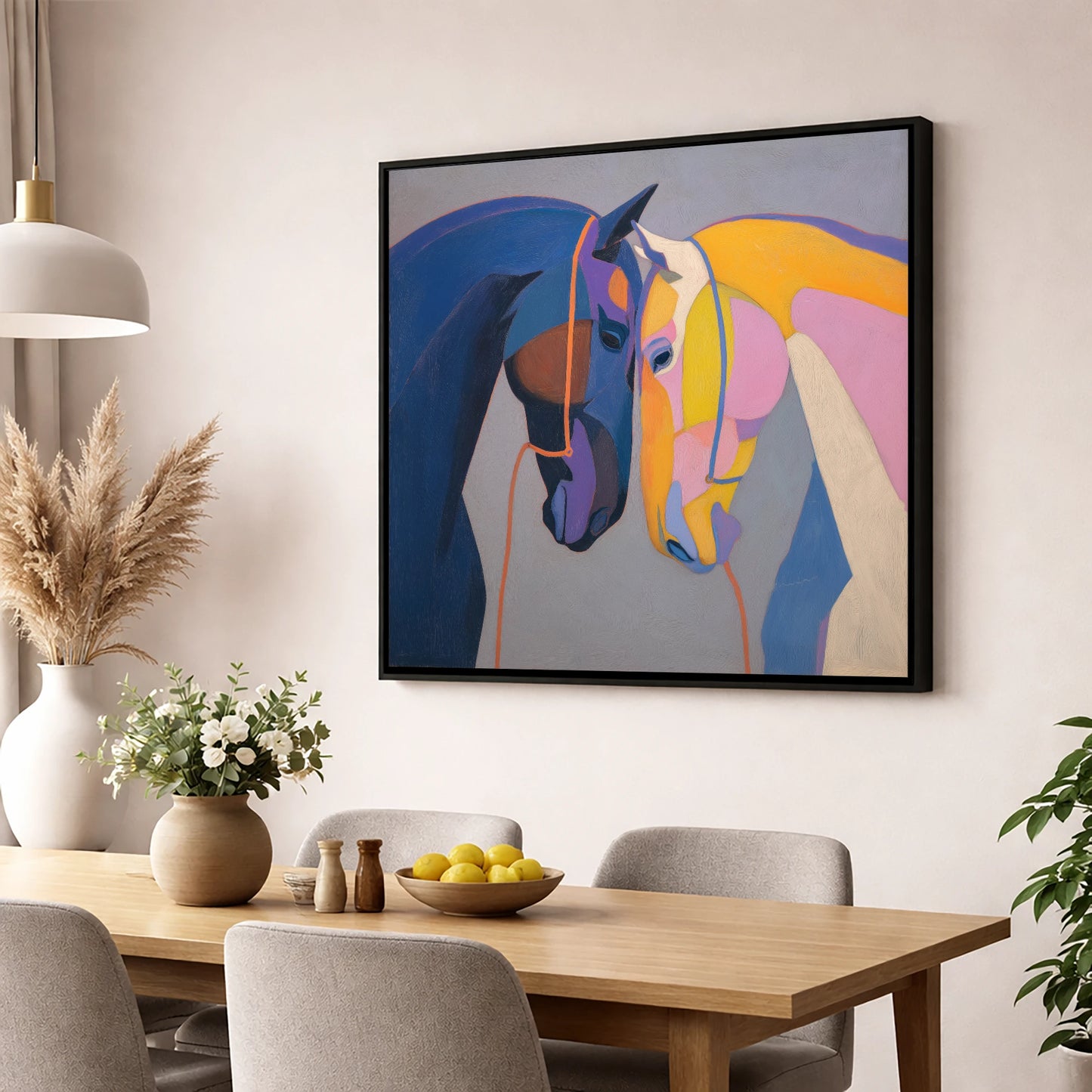 Vibrant Equine Bond horse portrait wall art displayed in a dining room