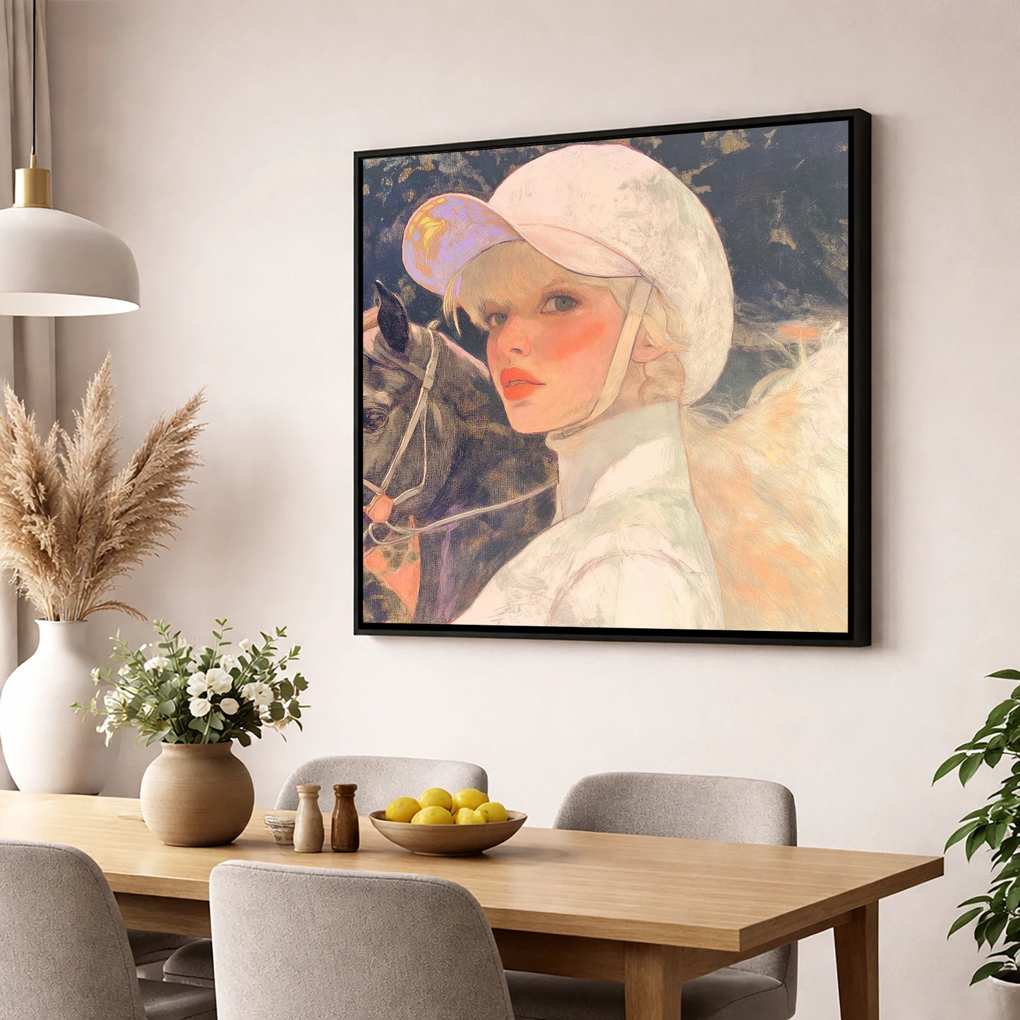 The Jockey's Gaze racing horse wall art displayed in a dining room