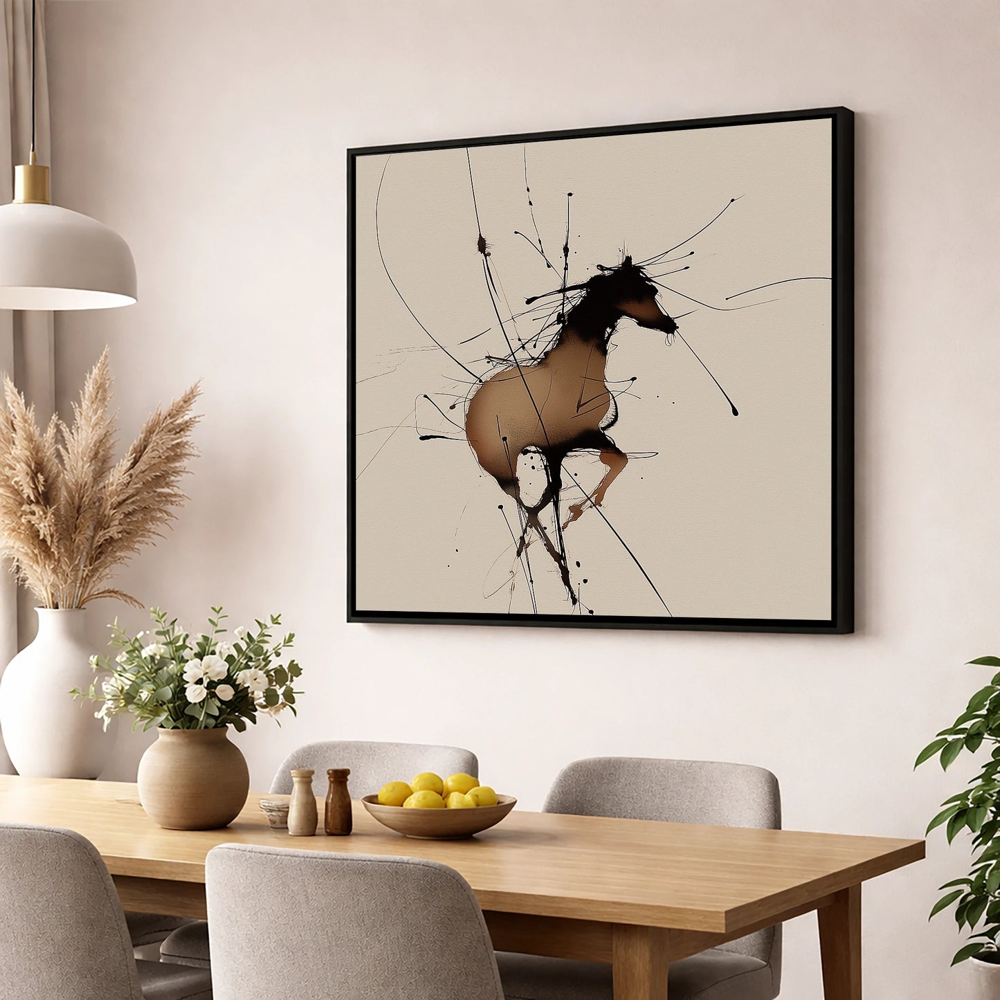 Kinetic Equine Spirit wild horses wall art displayed in a dining room