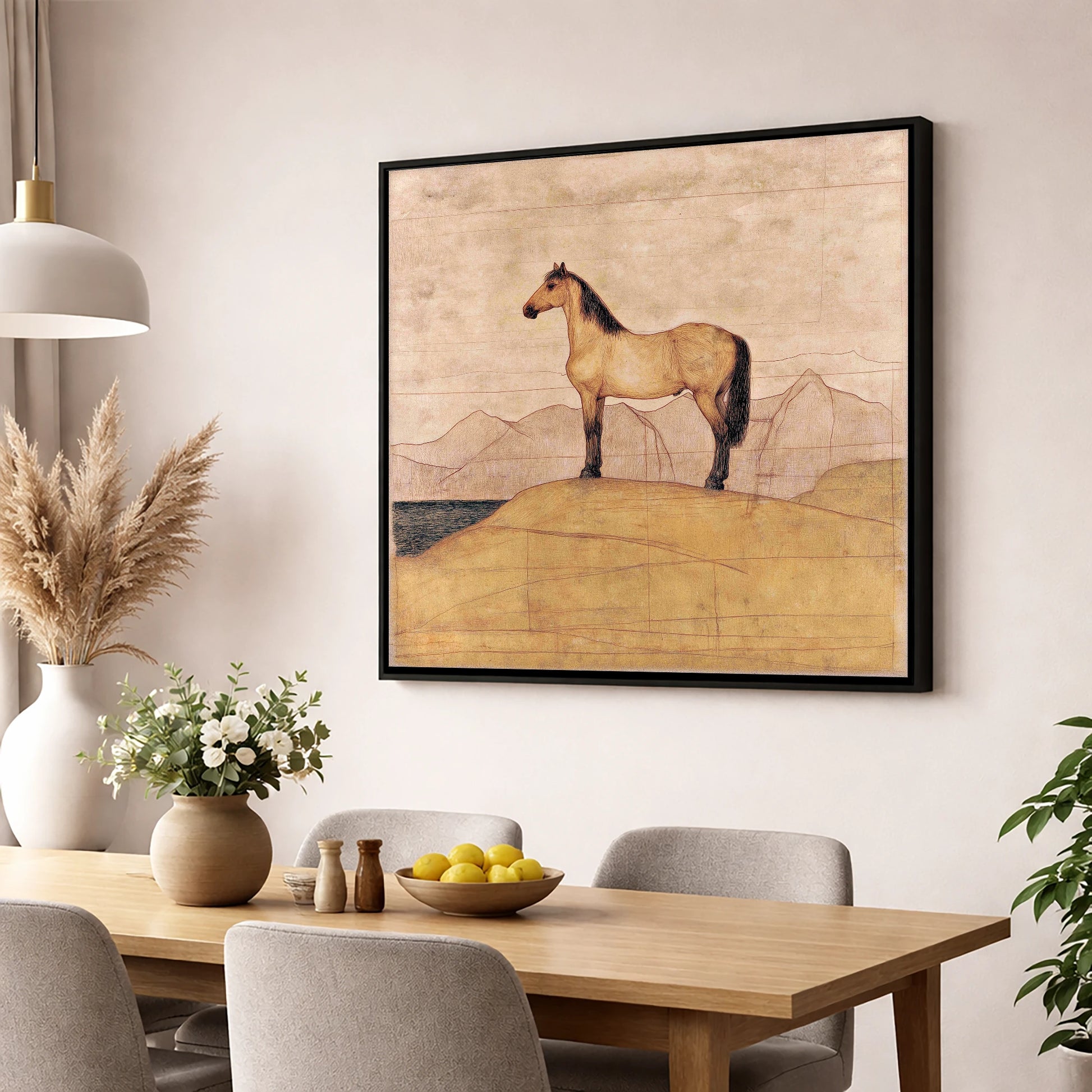 Golden Ridge Study horse landscape wall art displayed in a dining room