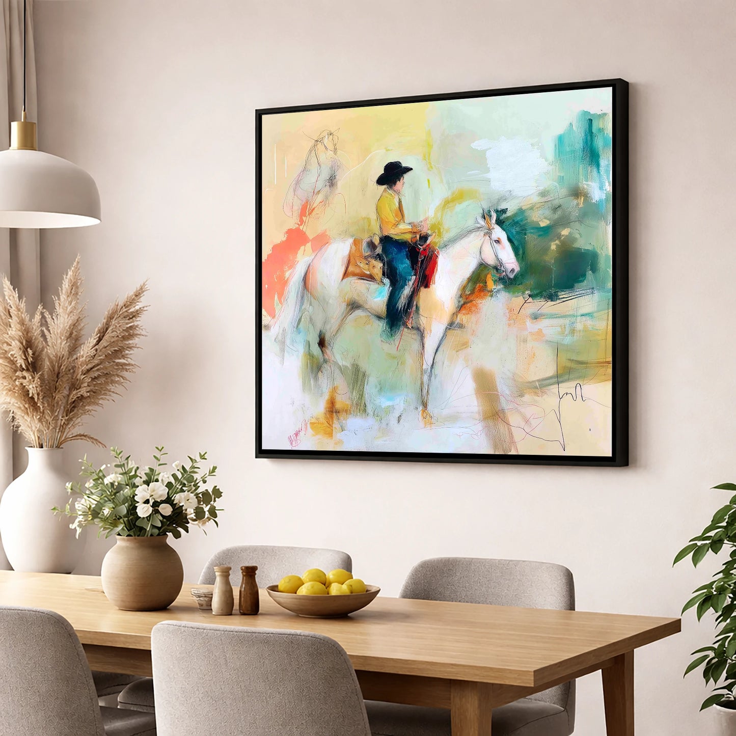 Painted Prairie Solitude western horse wall art displayed in a dining room
