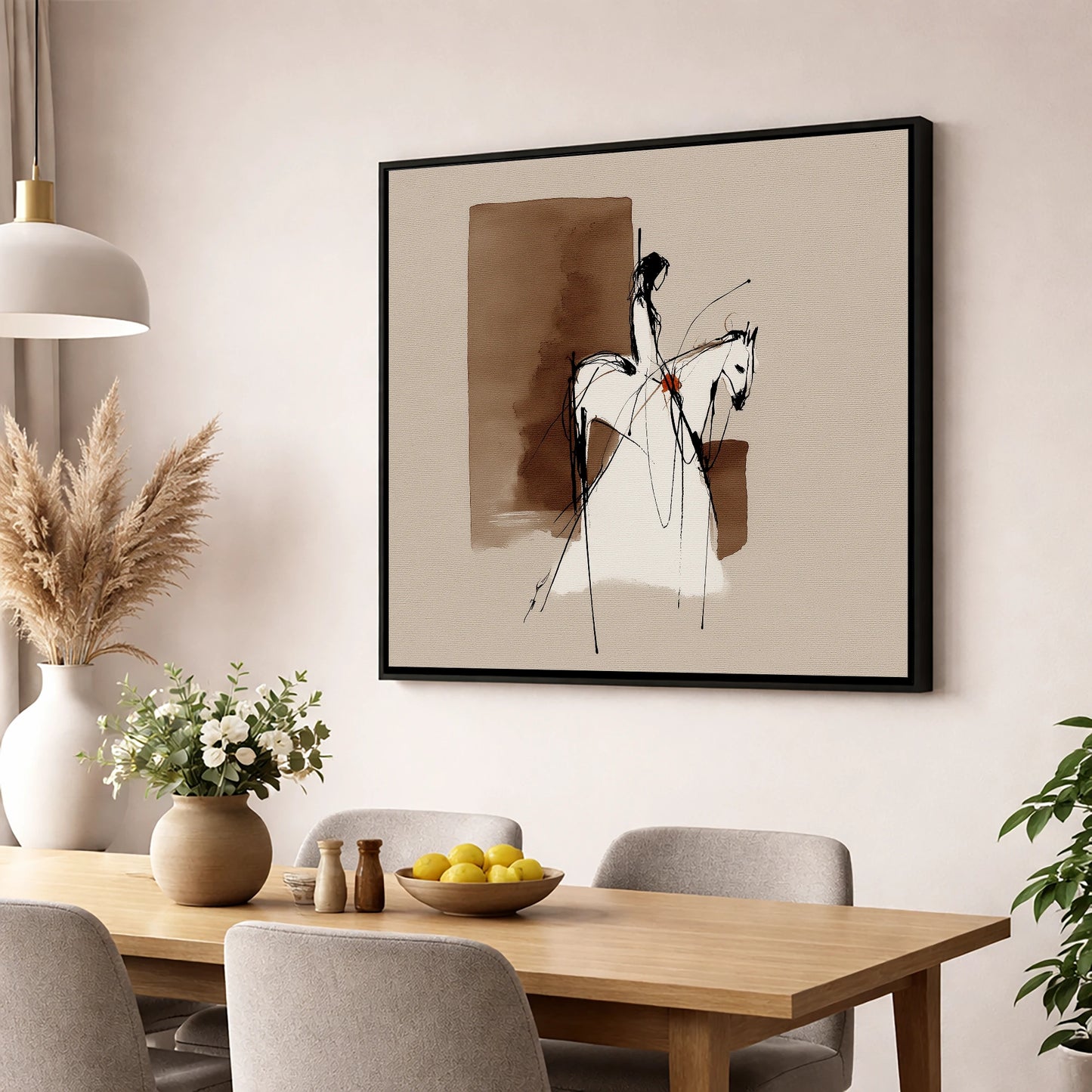 Sepia Rider Silhouette horse & rider wall art displayed in a dining room
