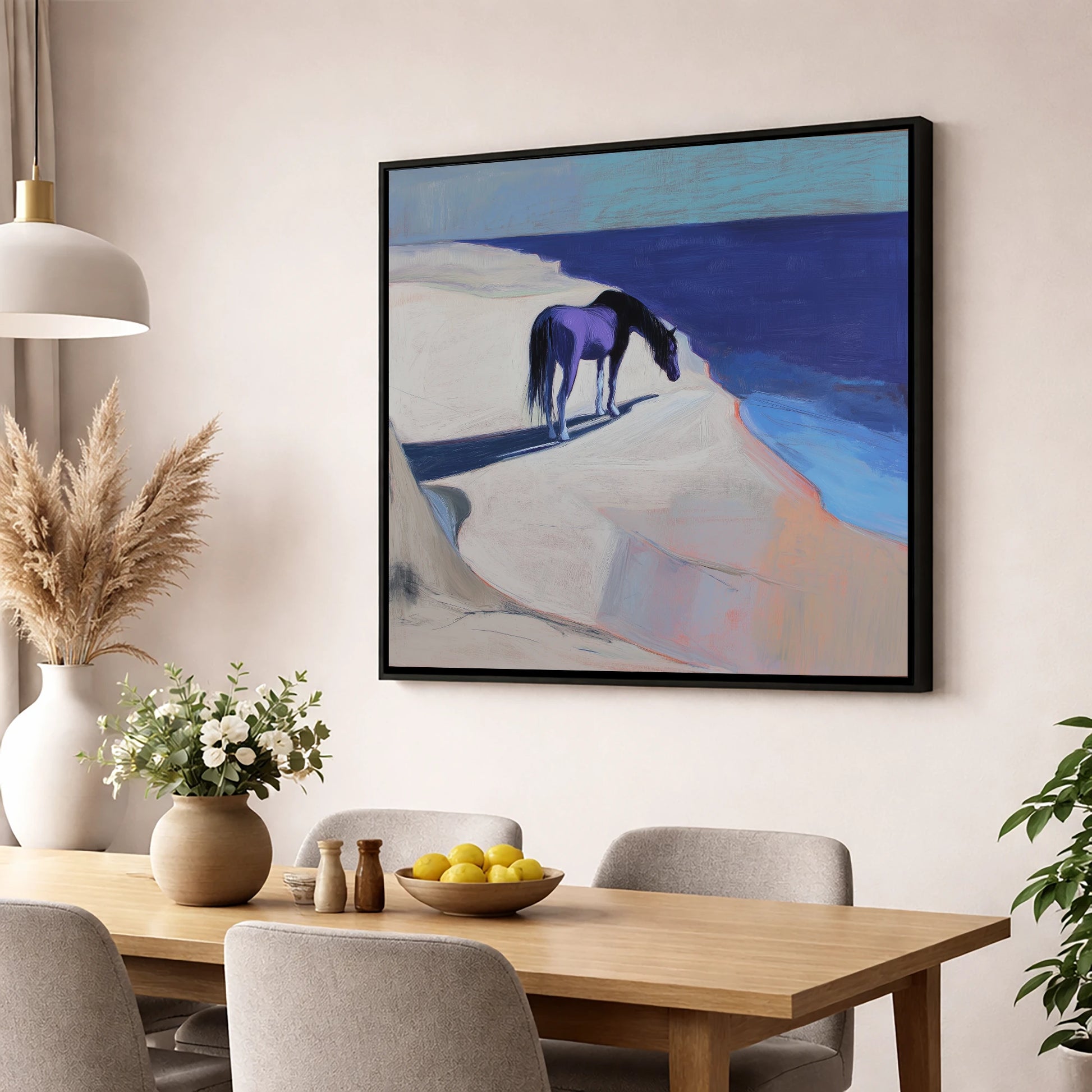 Indigo Coastal Solitude horse landscape wall art displayed in a dining room
