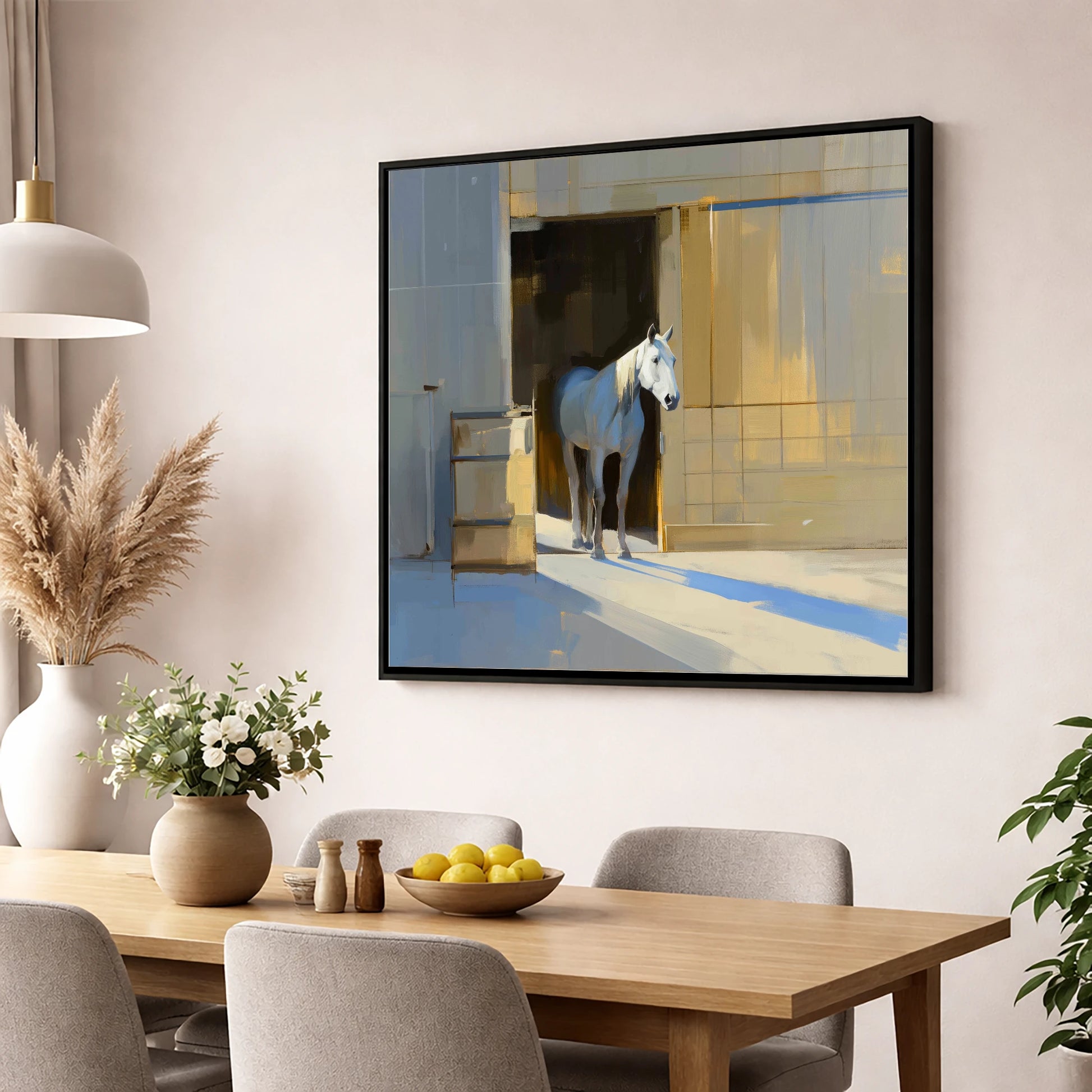 Sunlit Stable Doorway horse stable wall art displayed in a dining room