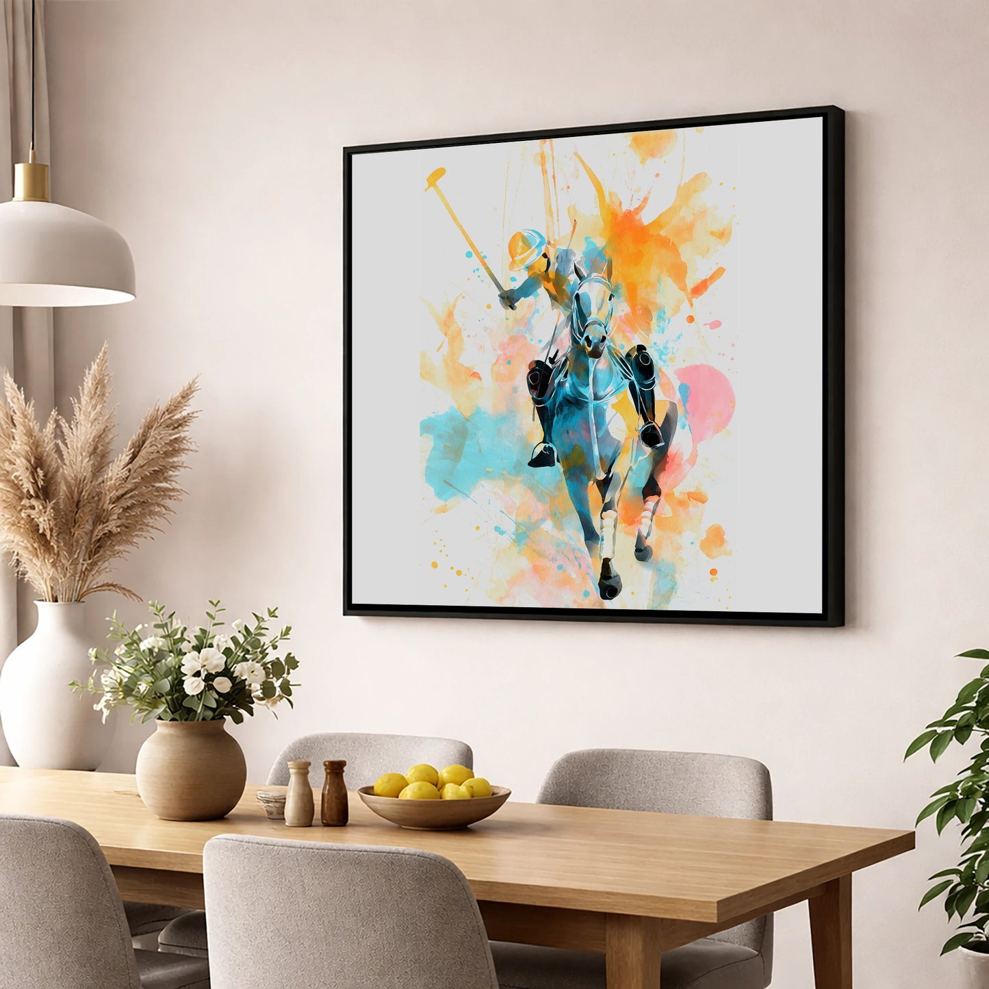 The Decisive Strike polo horse wall art displayed in a dining room
