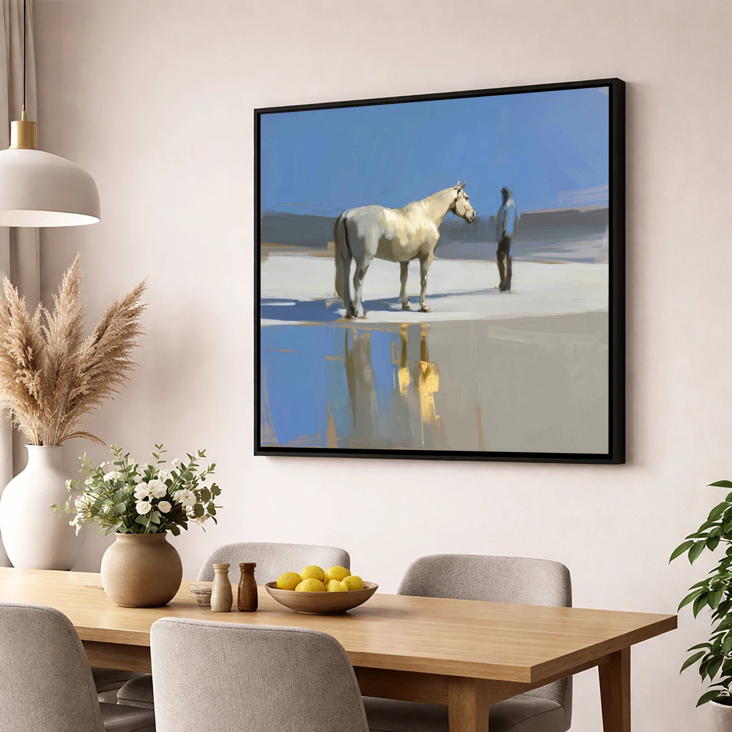 Shared Blue Horizon horse & rider wall art displayed in a dining room