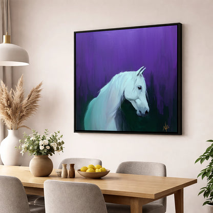 Ethereal Grey in Violet horse breed wall art displayed in a dining room