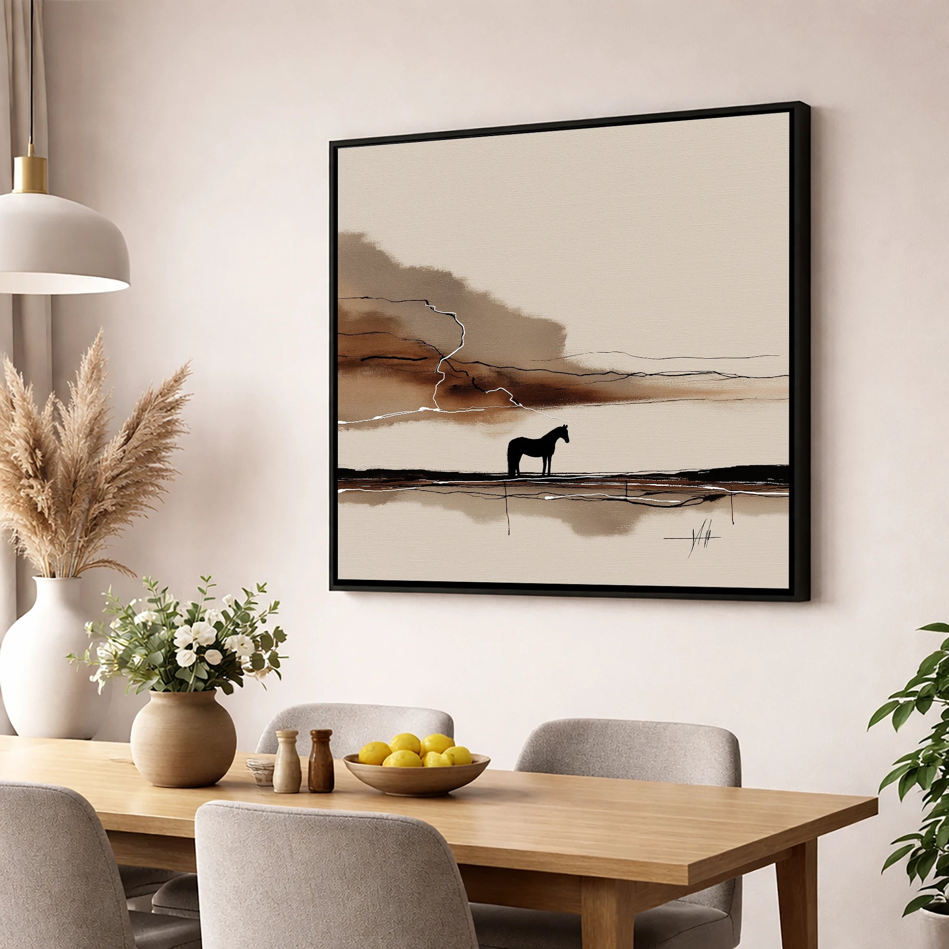 Lightning on the Horizon horse landscape wall art displayed in a dining room