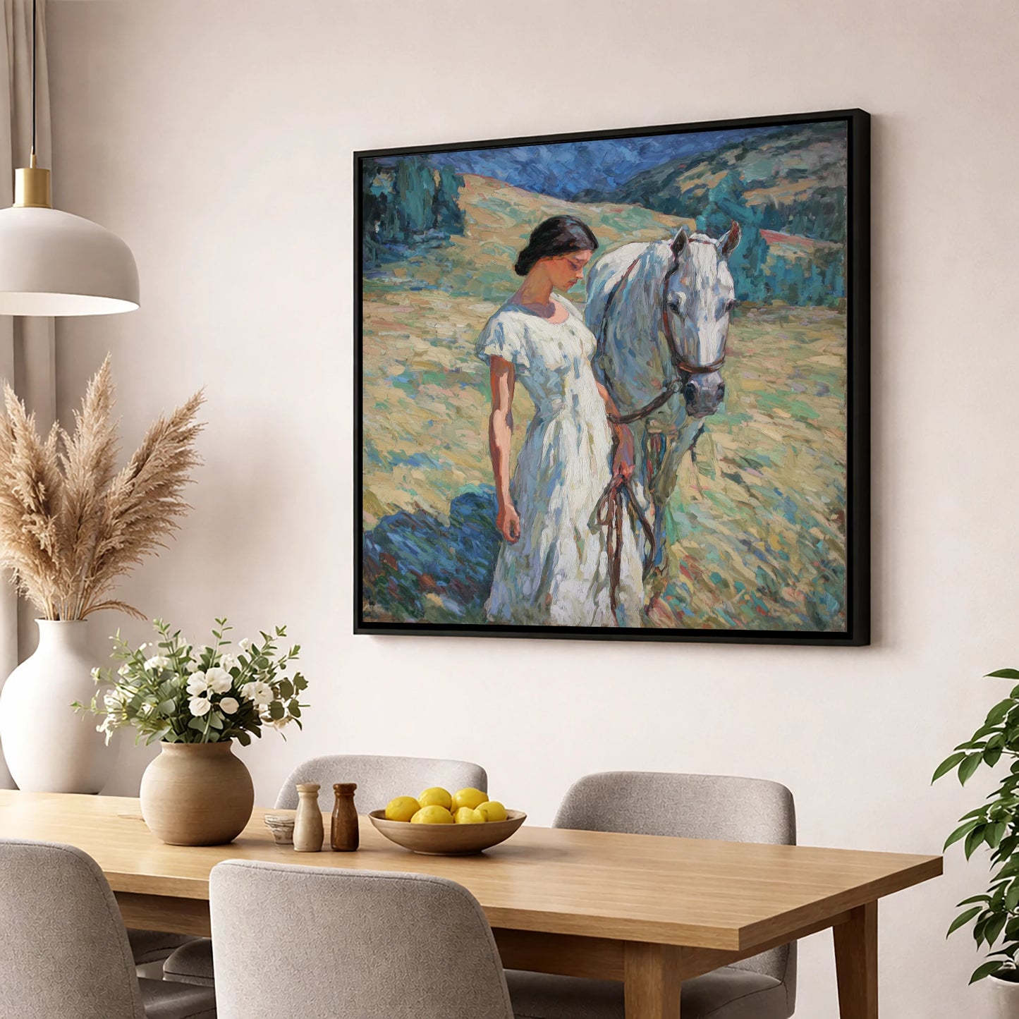 A Quiet Connection horse & rider wall art displayed in a dining room