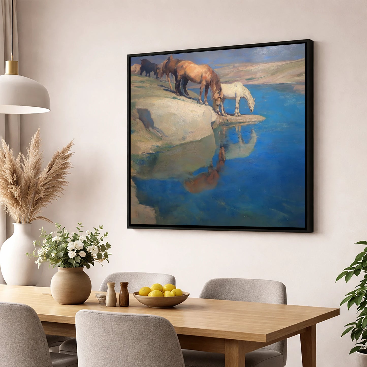 The Azure Watering Hole wild horses wall art displayed in a dining room