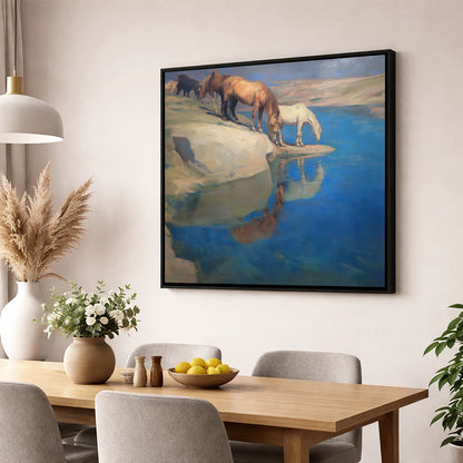 The Azure Watering Hole wild horses wall art displayed in a dining room