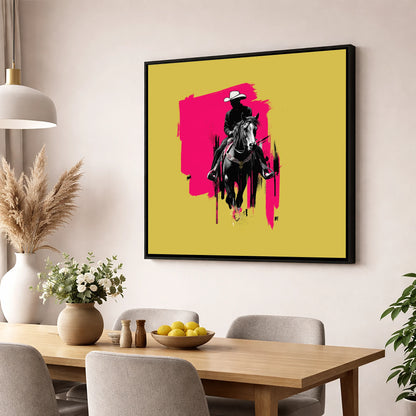 Magenta High Noon western horse wall art displayed in a dining room