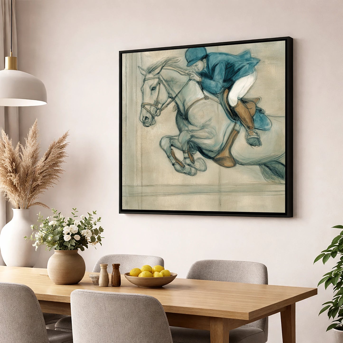 Suspended Flight show jumping horse wall art displayed in a dining room