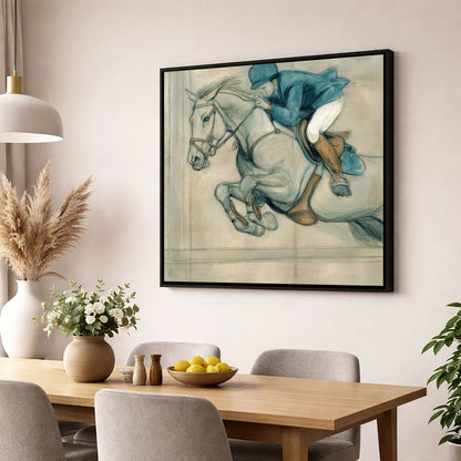 Suspended Flight show jumping horse wall art displayed in a dining room