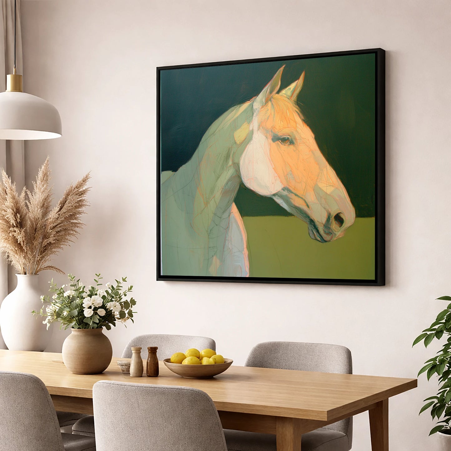 Serene Pastel Equine Profile horse portrait wall art displayed in a dining room