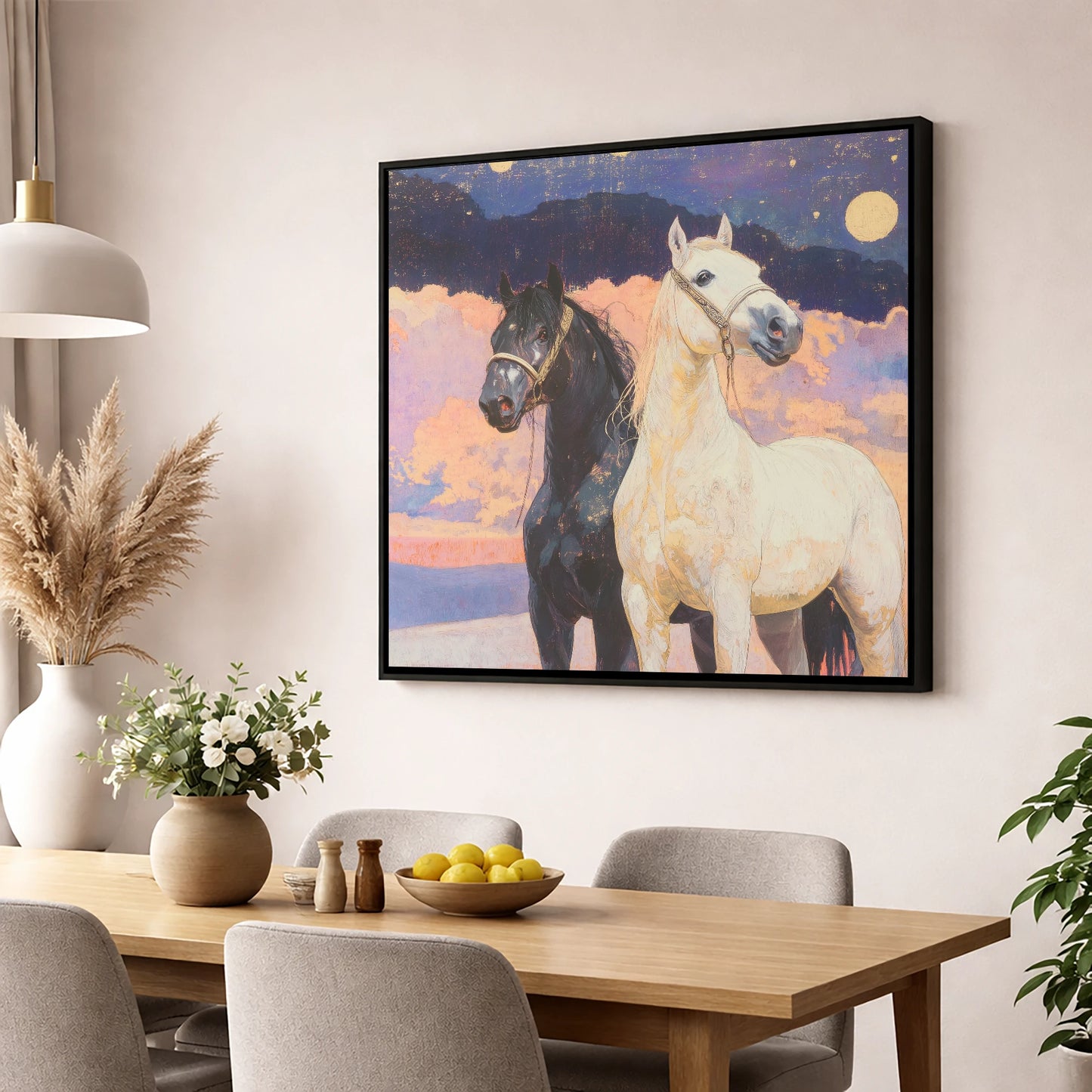 Midnight and Dawn horse landscape wall art displayed in a dining room