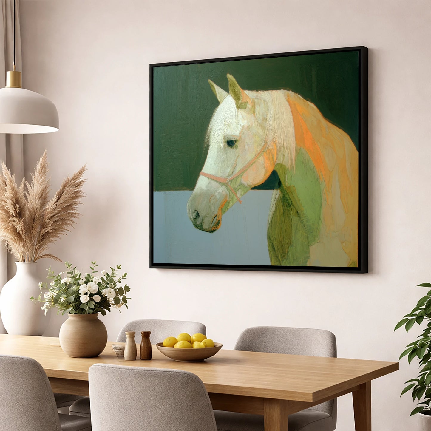 Painted Grey Profile horse breed wall art displayed in a dining room