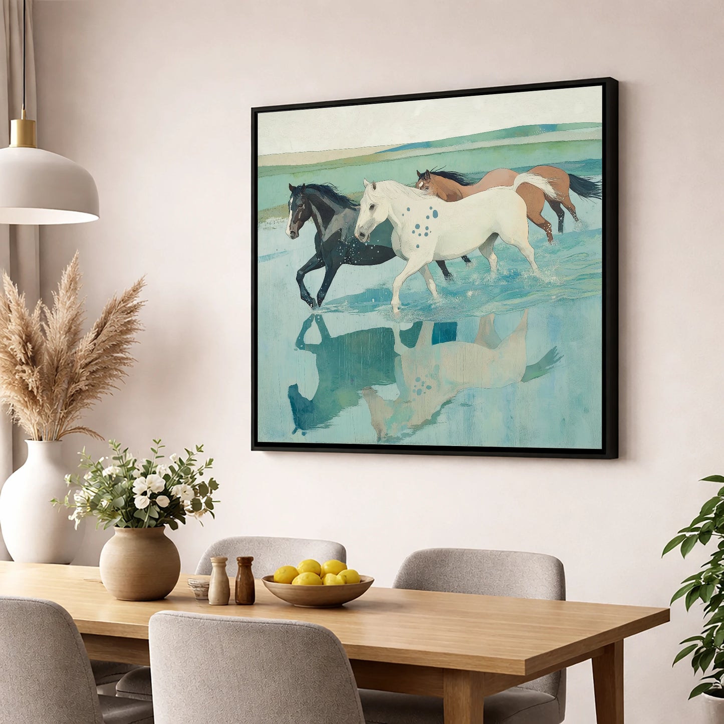 Tidal Canter wild horses wall art displayed in a dining room