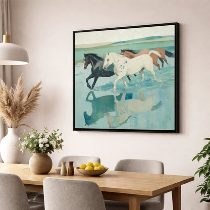 Tidal Canter wild horses wall art displayed in a dining room