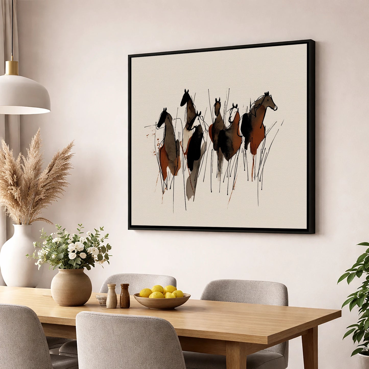 Earthy Herd Silhouettes wild horses wall art displayed in a dining room