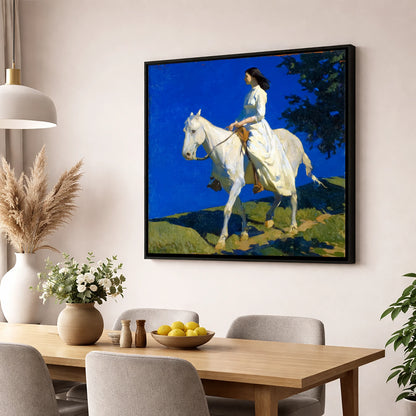 Grace Beneath Azure Skies horse & rider wall art displayed in a dining room
