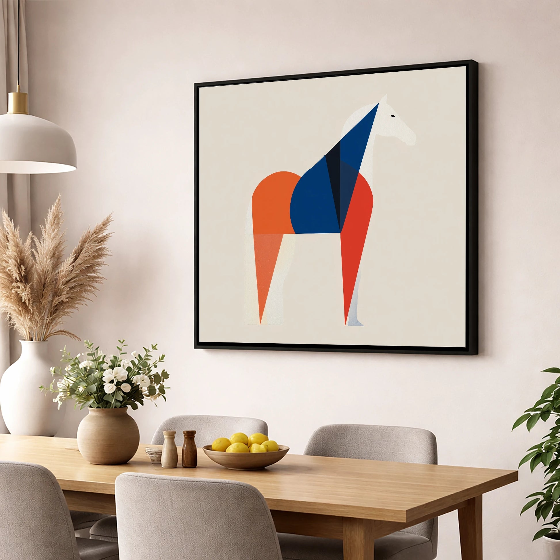Modern Equine Geometry horse breed wall art displayed in a dining room