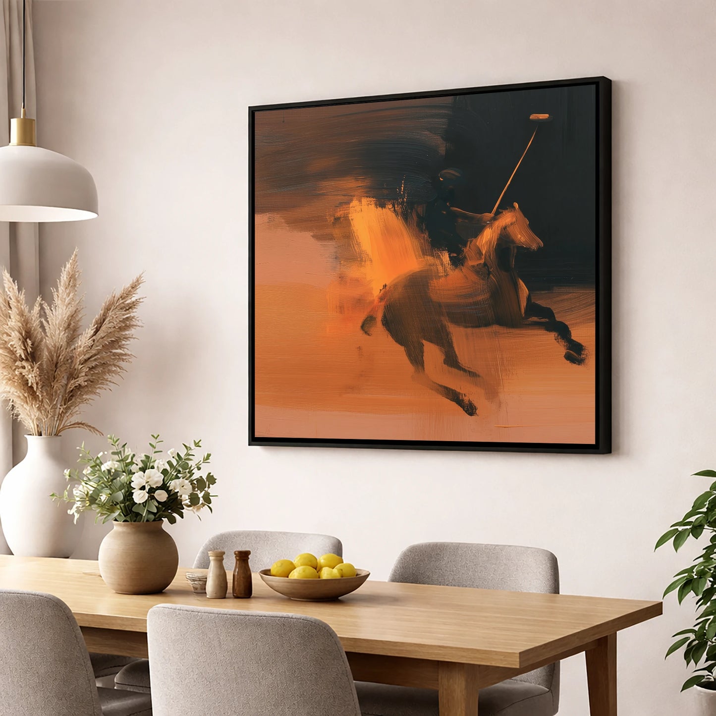 Amber Polo Strike polo horse wall art displayed in a dining room