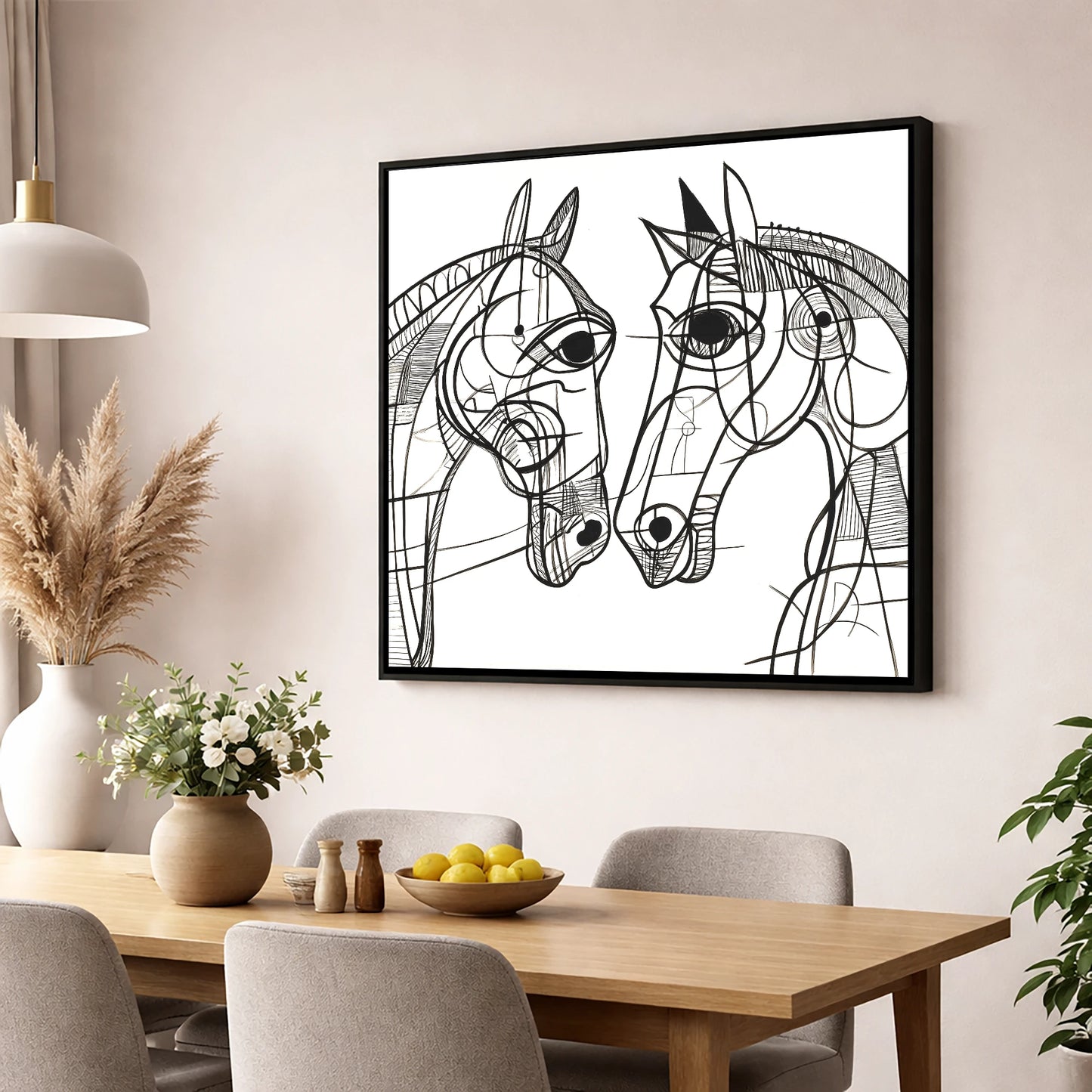 Structural Equine Bond horse portrait wall art displayed in a dining room