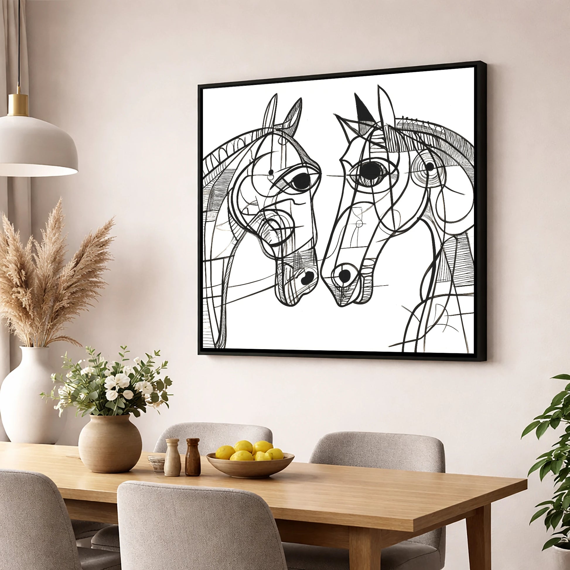 Structural Equine Bond horse portrait wall art displayed in a dining room