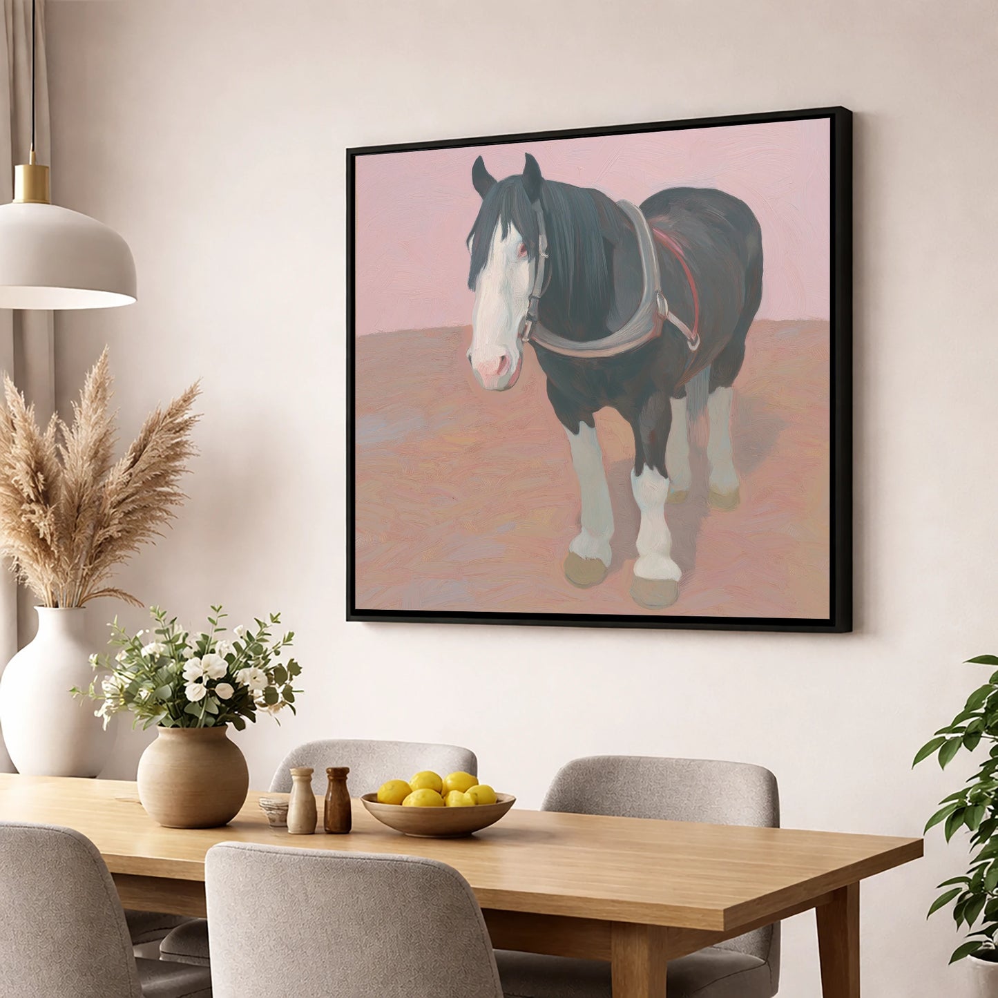 The Gentle Heavy horse breed wall art displayed in a dining room