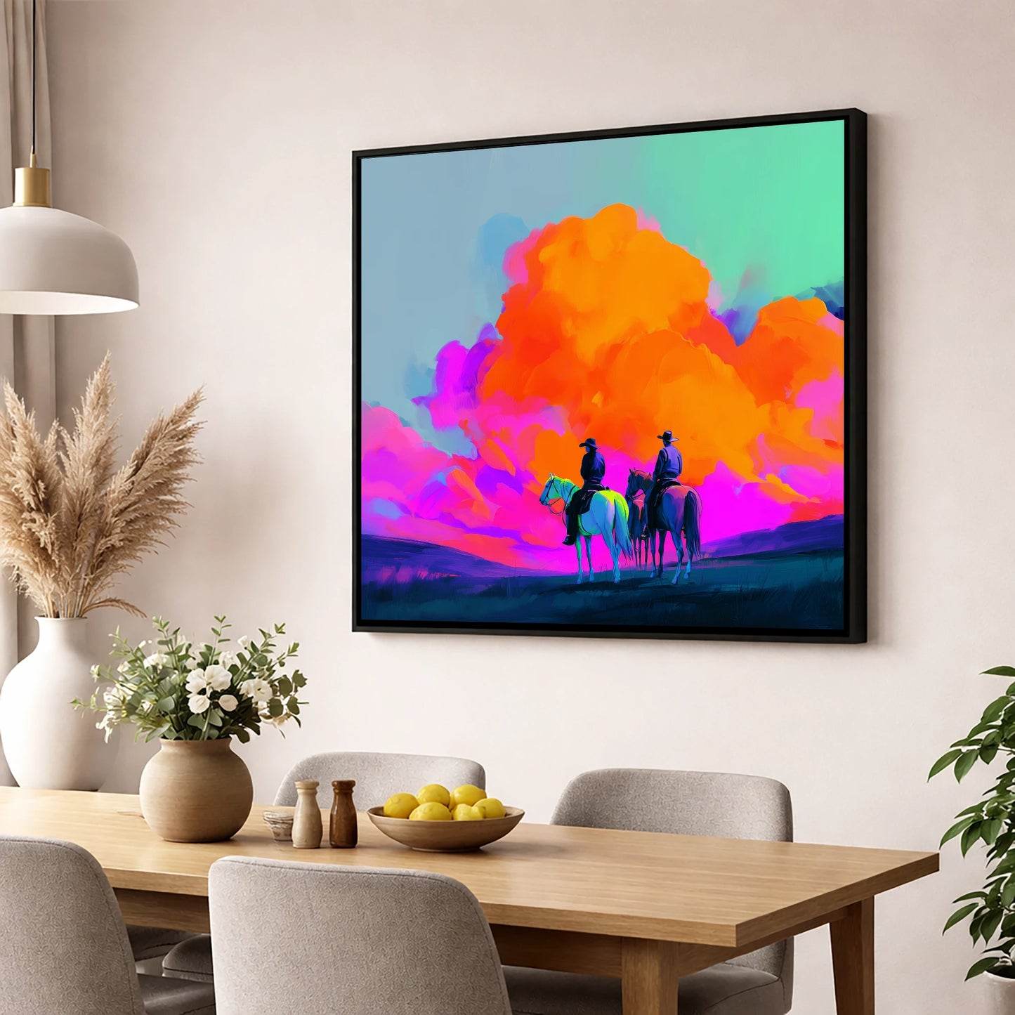 Vivid Western Horizon horse landscape wall art displayed in a dining room