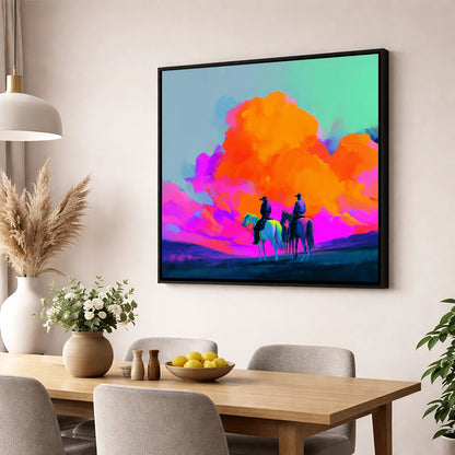 Vivid Western Horizon horse landscape wall art displayed in a dining room