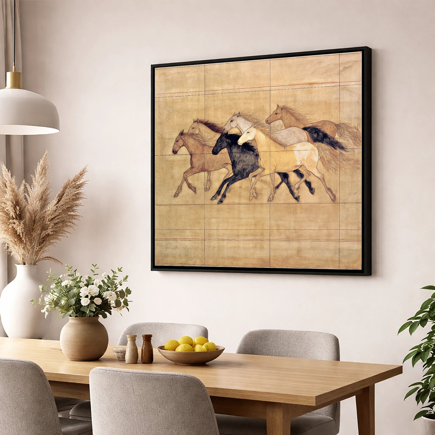 Classical Herd Study wild horses wall art displayed in a dining room