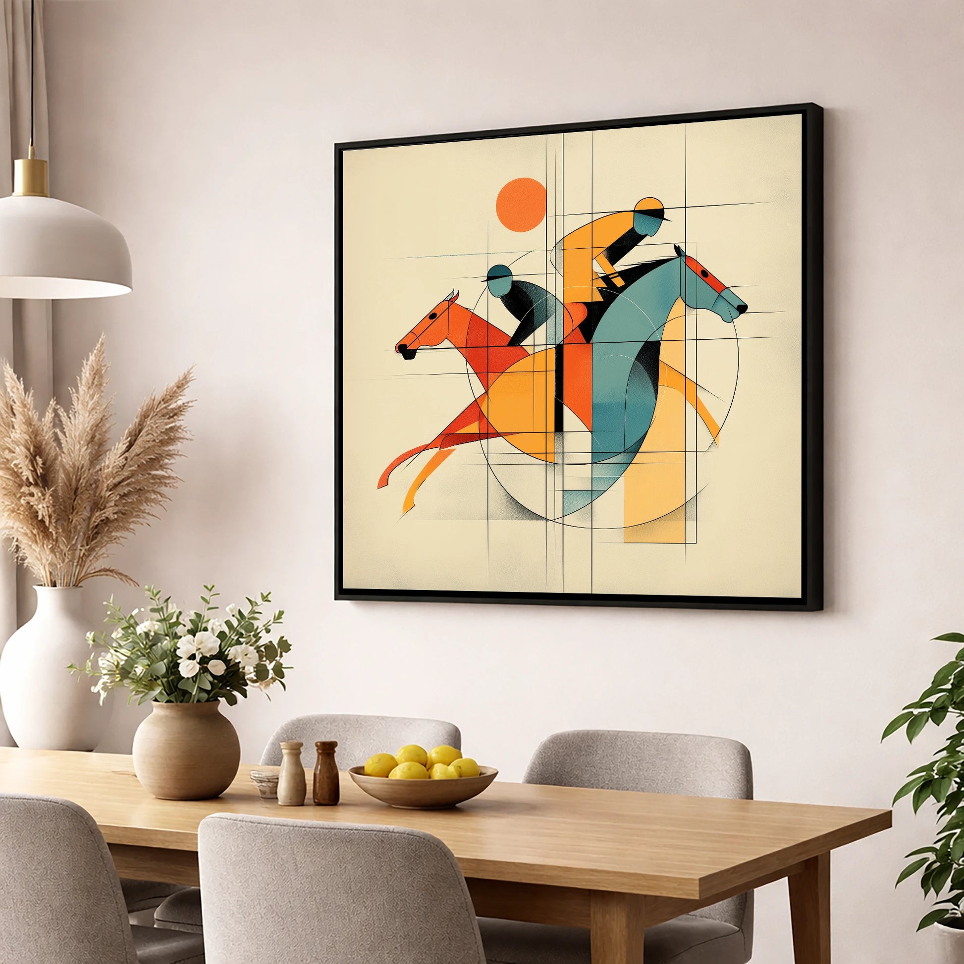 Geometry of the Gallop racing horse wall art displayed in a dining room